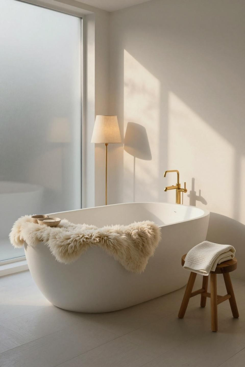 white japandi bathroom with freestanding matte soaking tub cream sheepskin rug and brass floor lamp