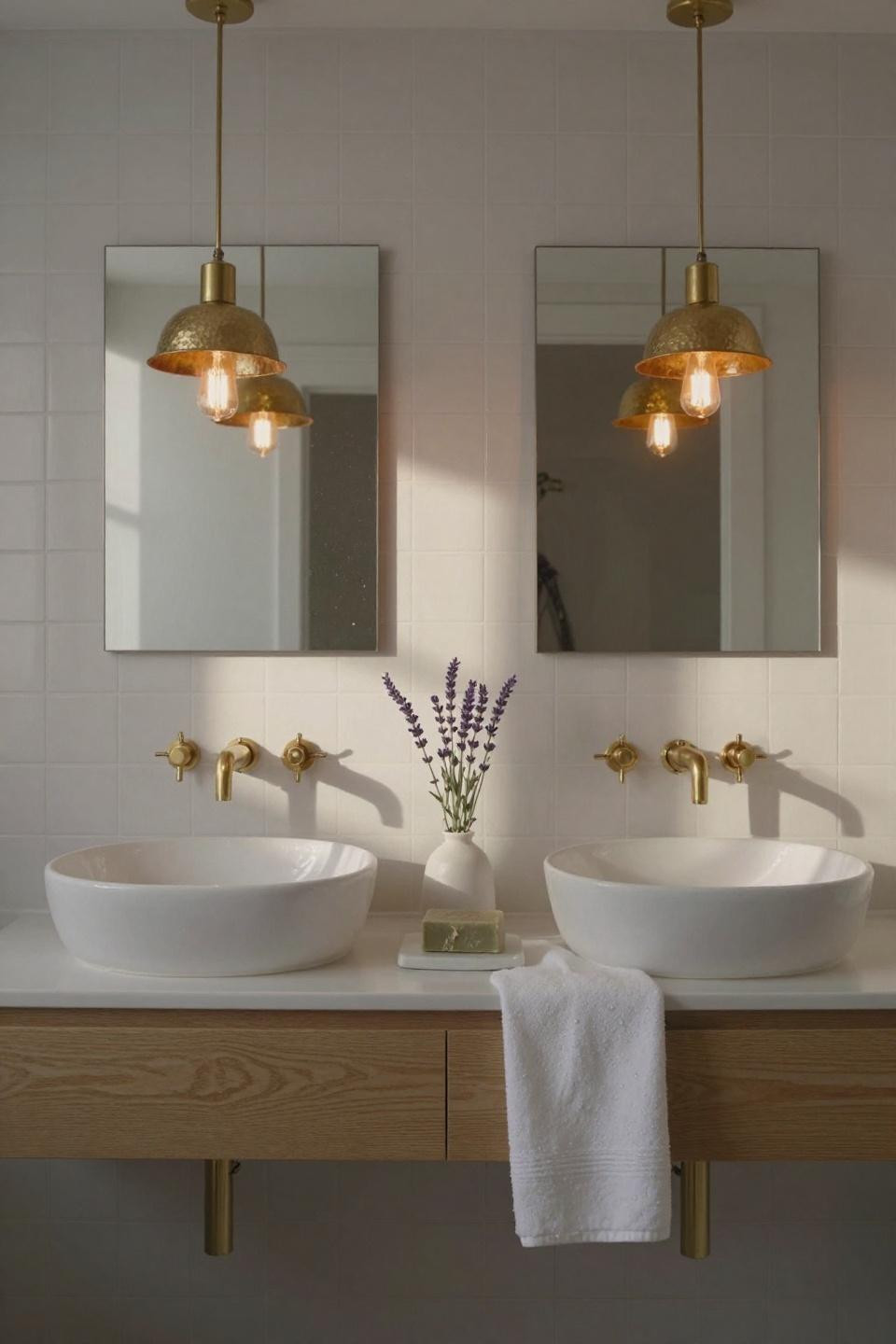 white japandi bathroom with dual porcelain vessel sinks on floating oak vanity and brass pendant lights
