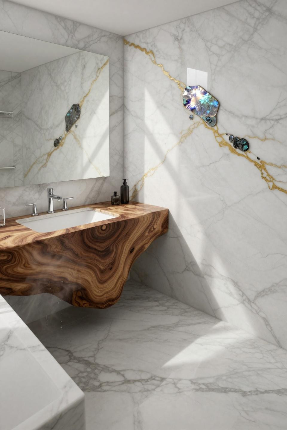white calacatta marble bathroom walls with book matched walnut vanity and meteorite fragments in veining
