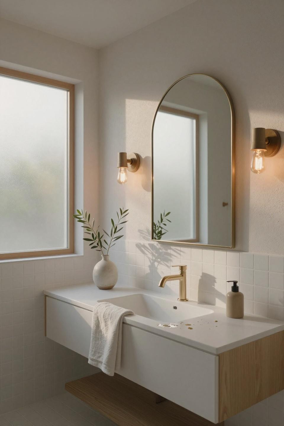 white japandi bathroom with arched brushed brass mirror above floating oak vanity and paired ceramic sconces