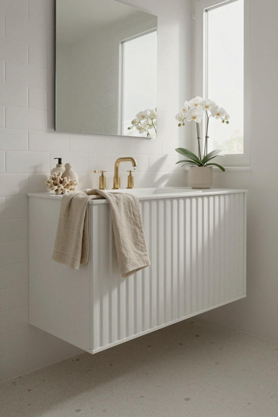 white japandi bathroom with custom fluted white oak vanity featuring vertical grooves and brass faucet
