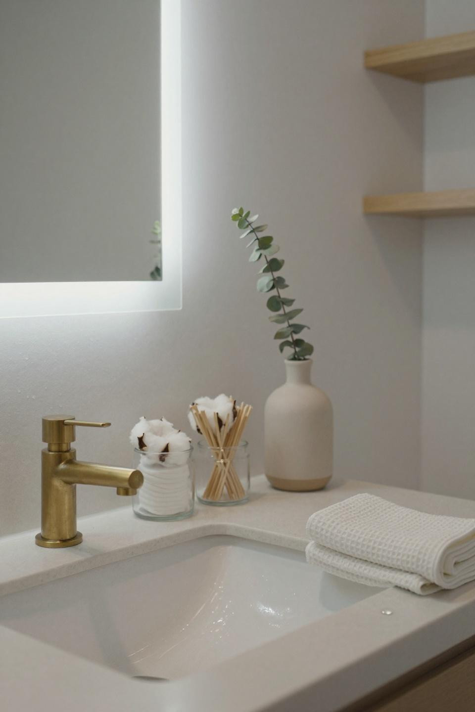 white japandi bathroom vanity with quartz counter unlacquered brass faucet and dried eucalyptus stem