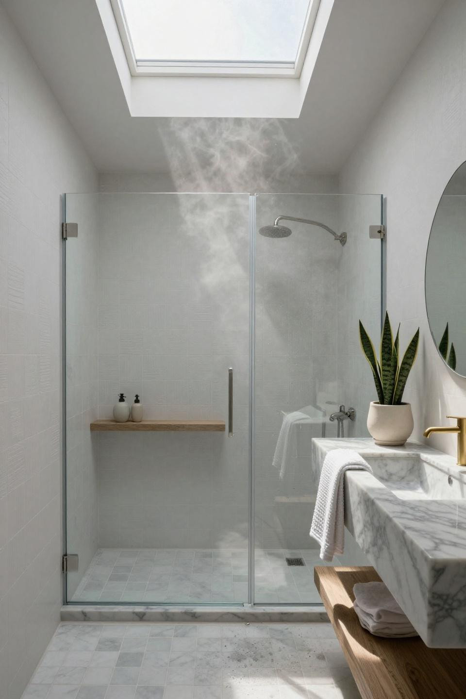 white japandi bathroom with seamless frameless glass shower enclosure and floating driftwood shelf
