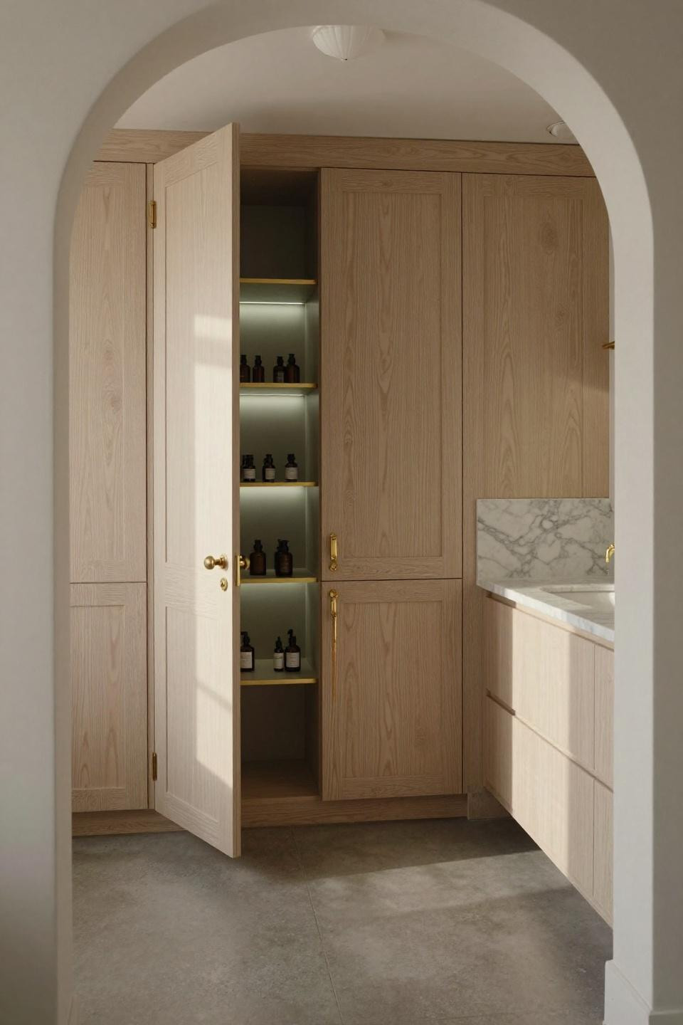 cerused white oak bathroom cabinets with mid-century brass hardware carrara marble countertop and organized shelving