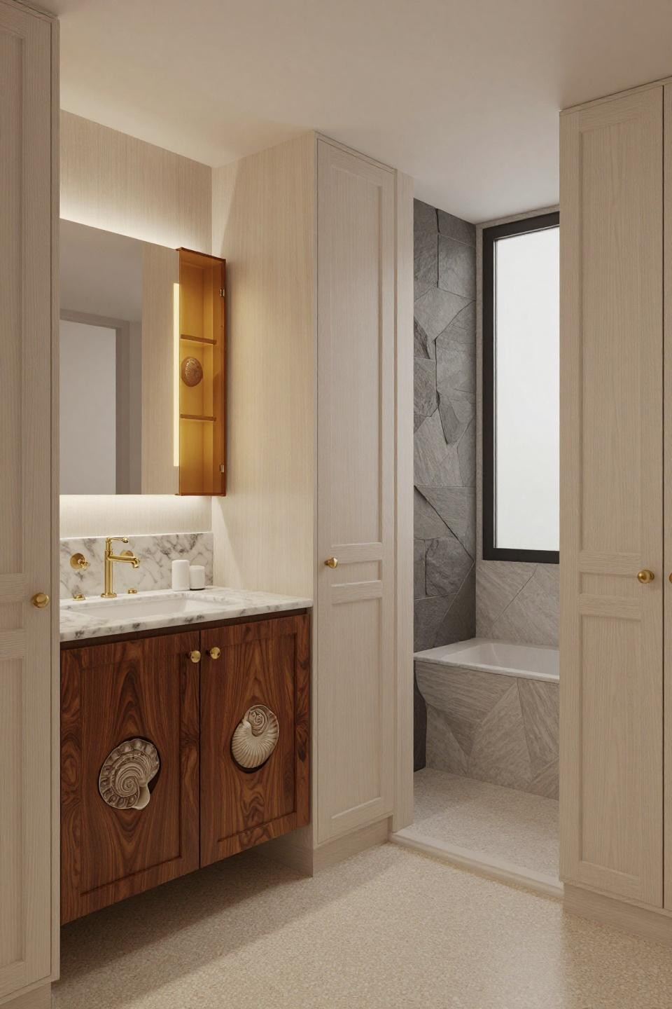 white oak bathroom cabinets with unlacquered brass hardware and marble vanity beneath backlit mirror