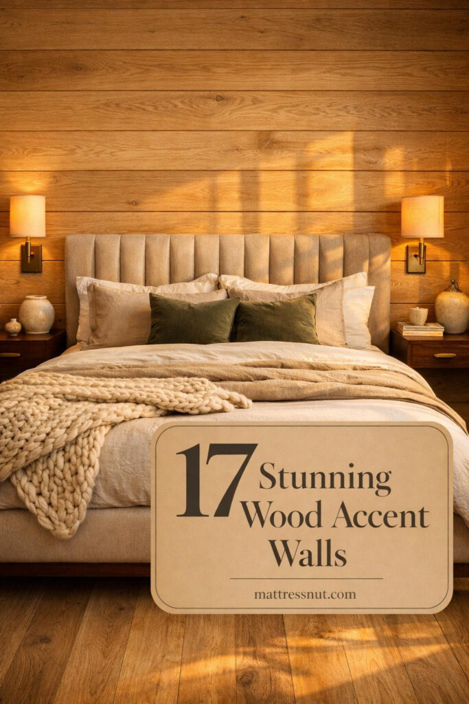 Master bedroom featuring a textured wood plank accent wall behind the bed with neutral bedding and modern nightstands