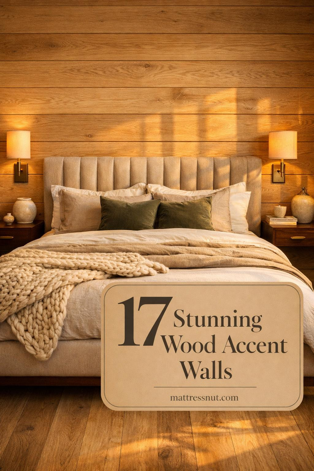Master bedroom featuring a textured wood plank accent wall behind the bed with neutral bedding and modern nightstands