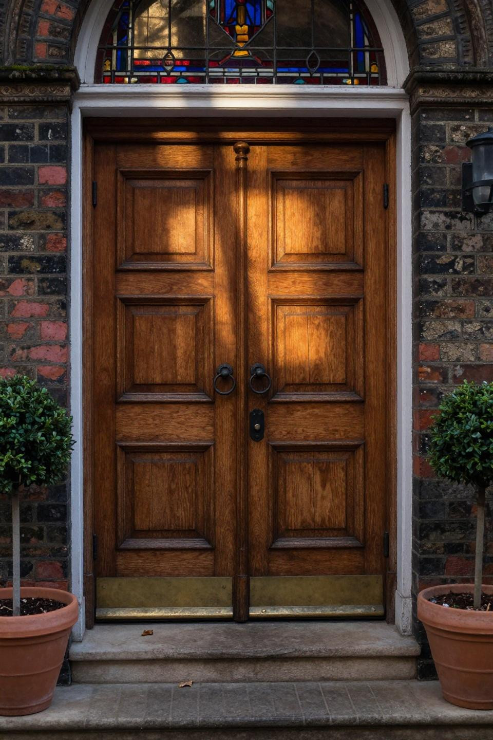 Victorian English oak double doors with hand-cut stained glass transom casting jewel-toned light in London Georgian townhouse entrance
