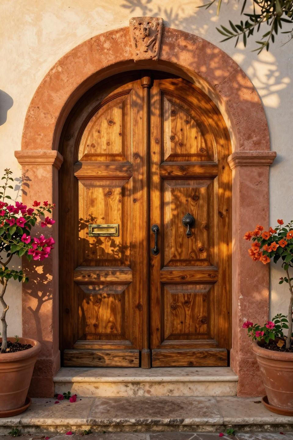 hand-carved honey-toned oak double doors within sweeping terracotta arch with trailing bougainvillea and limestone steps