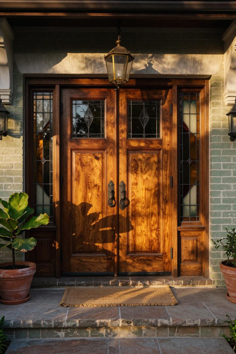 craftsman wooden double doors in hand-rubbed walnut with leaded stained glass sidelights and aged bronze hardware