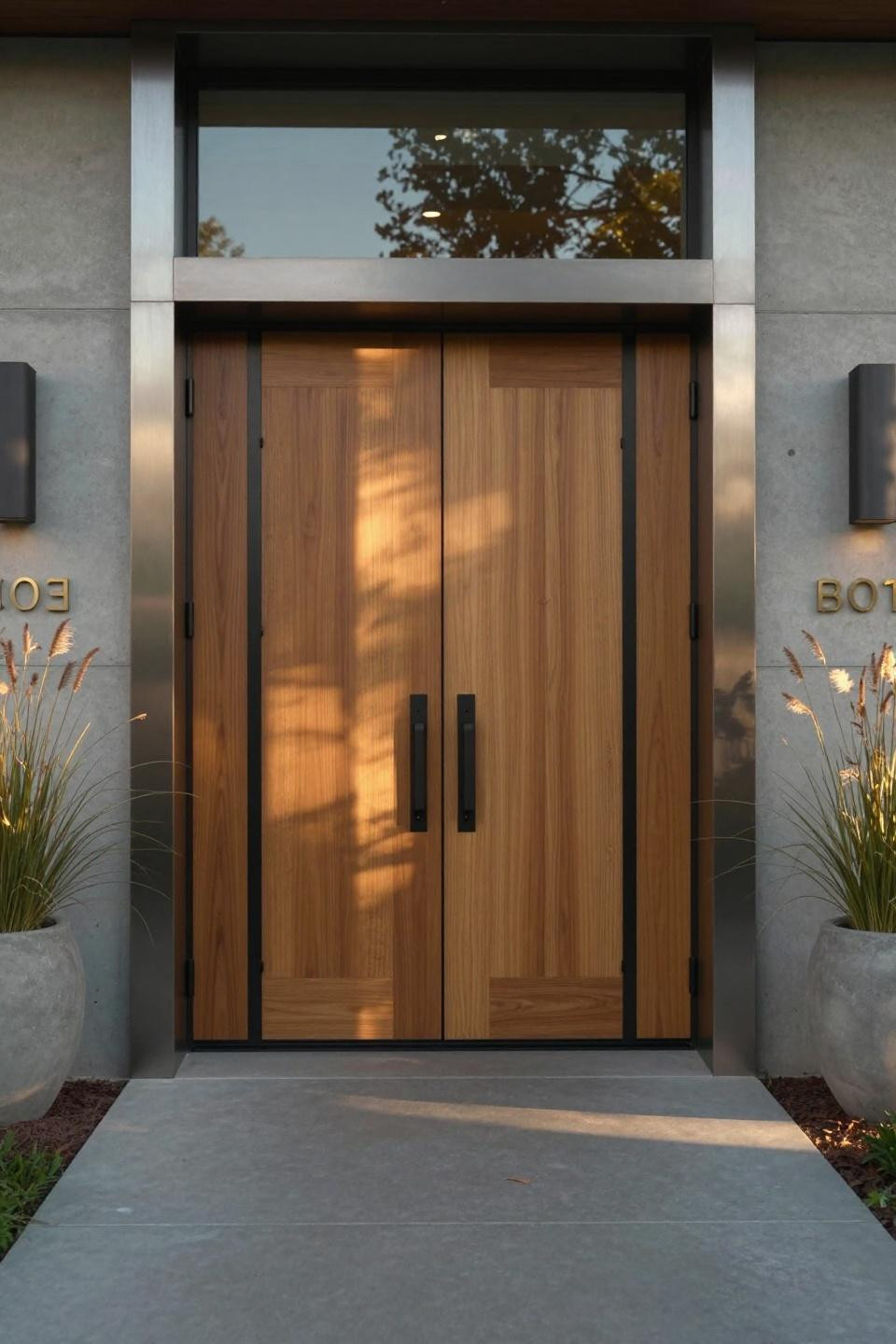 towering white oak double doors with slim blackened steel insets in contemporary Beverly Hills steel and glass portal entrance