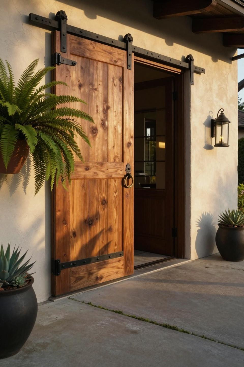 carriage-style barn doors in reclaimed oak on blackened steel track at contemporary Sonoma wine country estate entrance