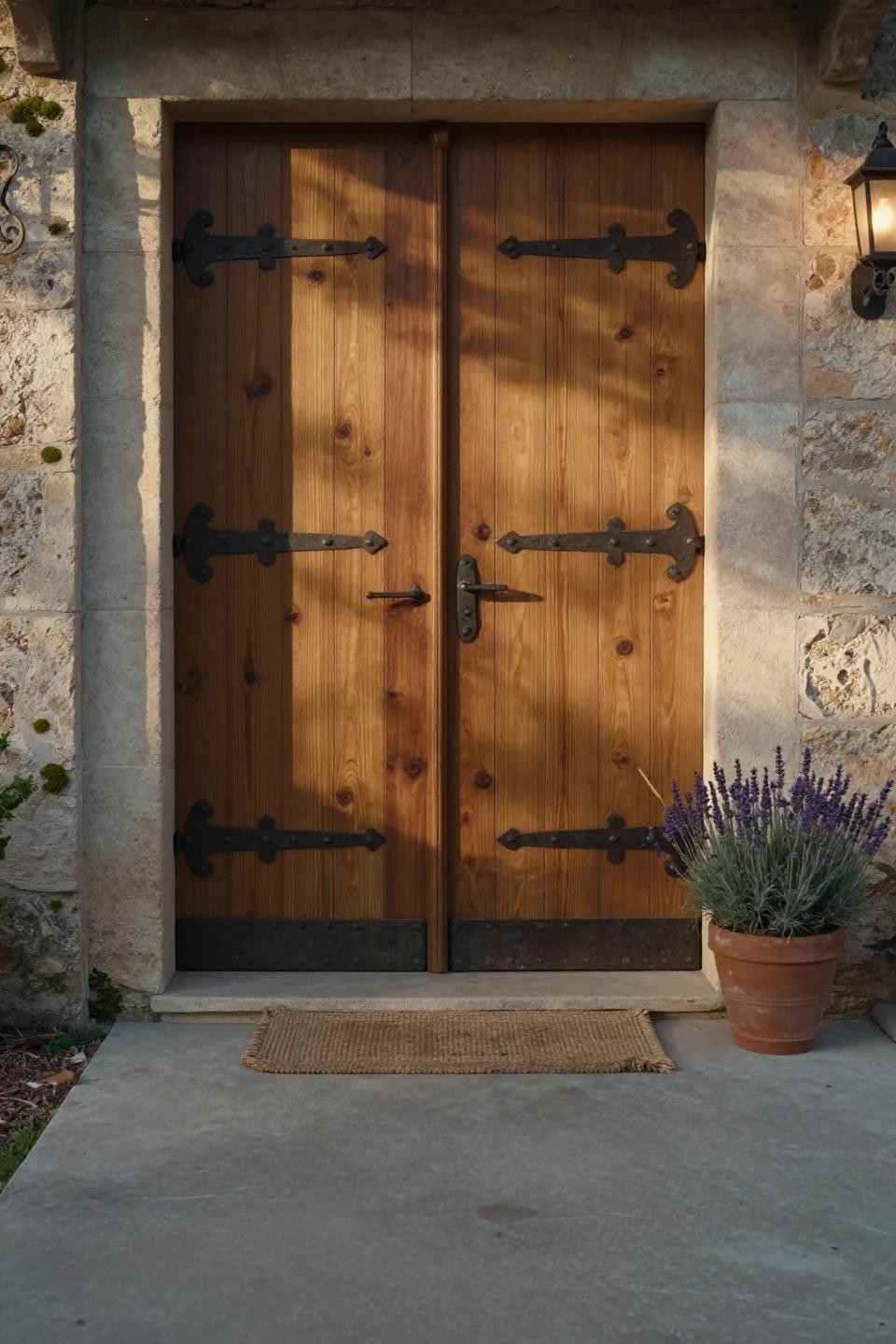 solid oak plank double doors with hand-forged iron clavos in renovated Provençal stone villa entrance with concrete pathway