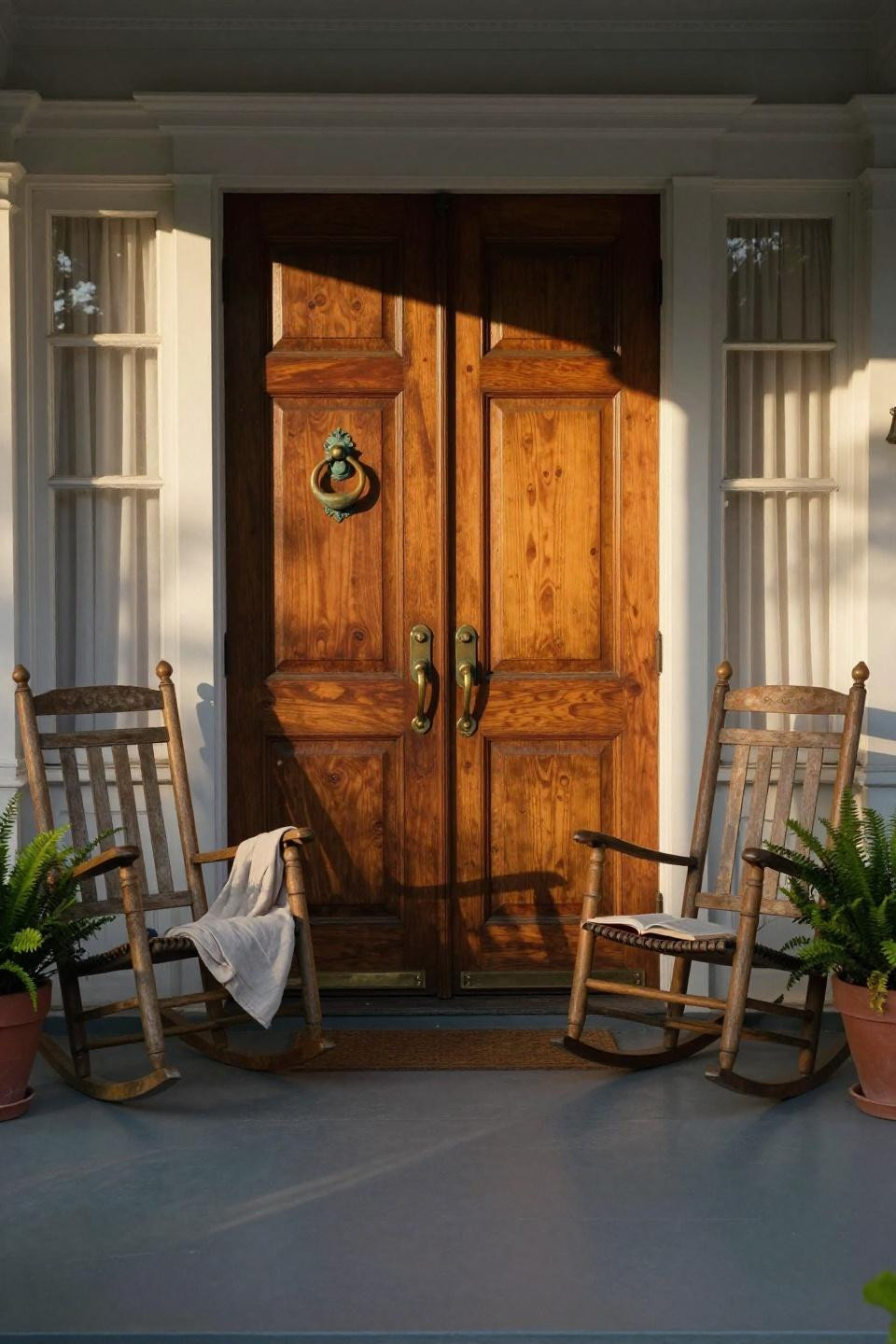 rich mahogany double doors with antique brass verdigris knocker on Charleston wrap-around veranda with teak rocking chairs