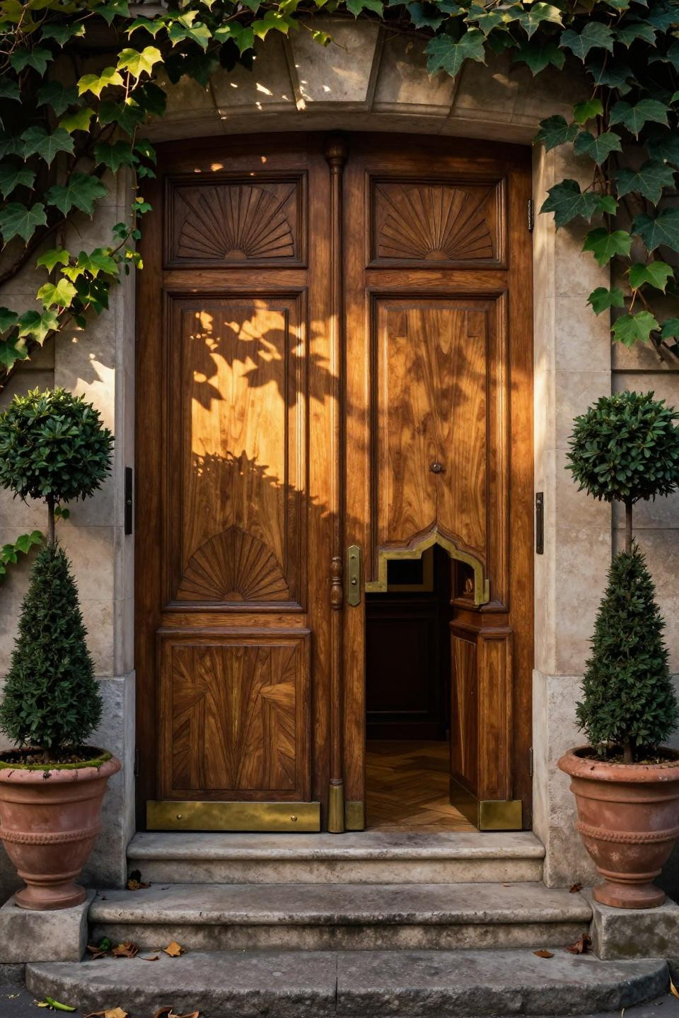 Art Deco walnut double doors with geometric brass sunburst inlays in Parisian Haussmann limestone entrance with boxwood topiaries