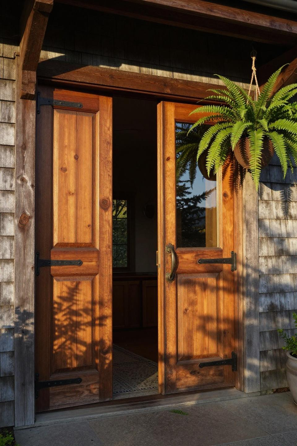 old-growth Douglas fir wooden double doors with hand-forged iron strap hinges in Pacific Northwest timber-framed coastal portico