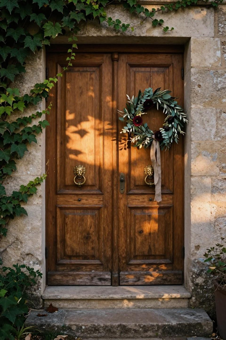 reclaimed European oak double doors with lion-head brass knockers in French Normandy weathered limestone entrance with climbing ivy