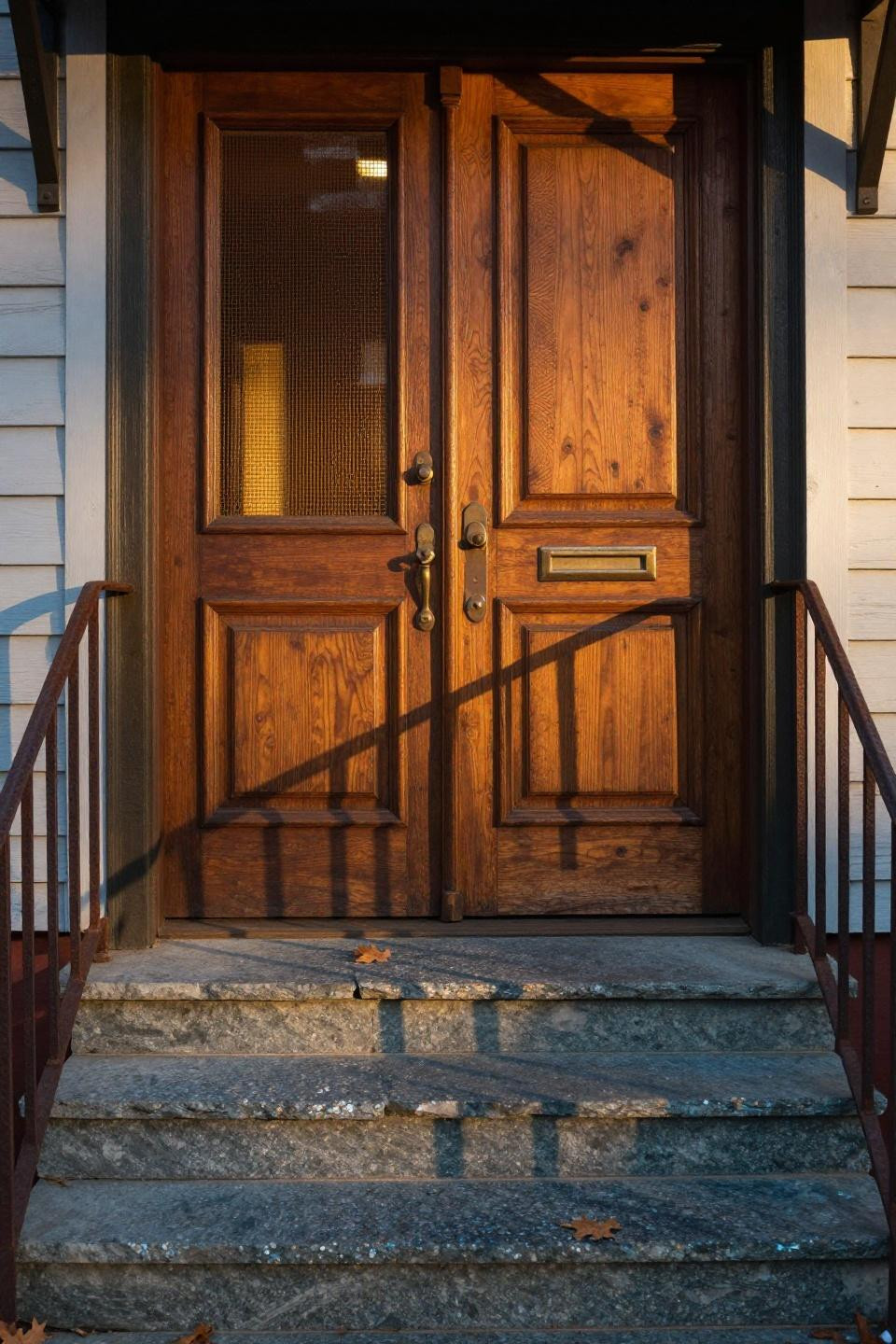 hand-carved mahogany double doors with oxidized bronze screen door and slate stone steps in Vermont farmhouse entrance