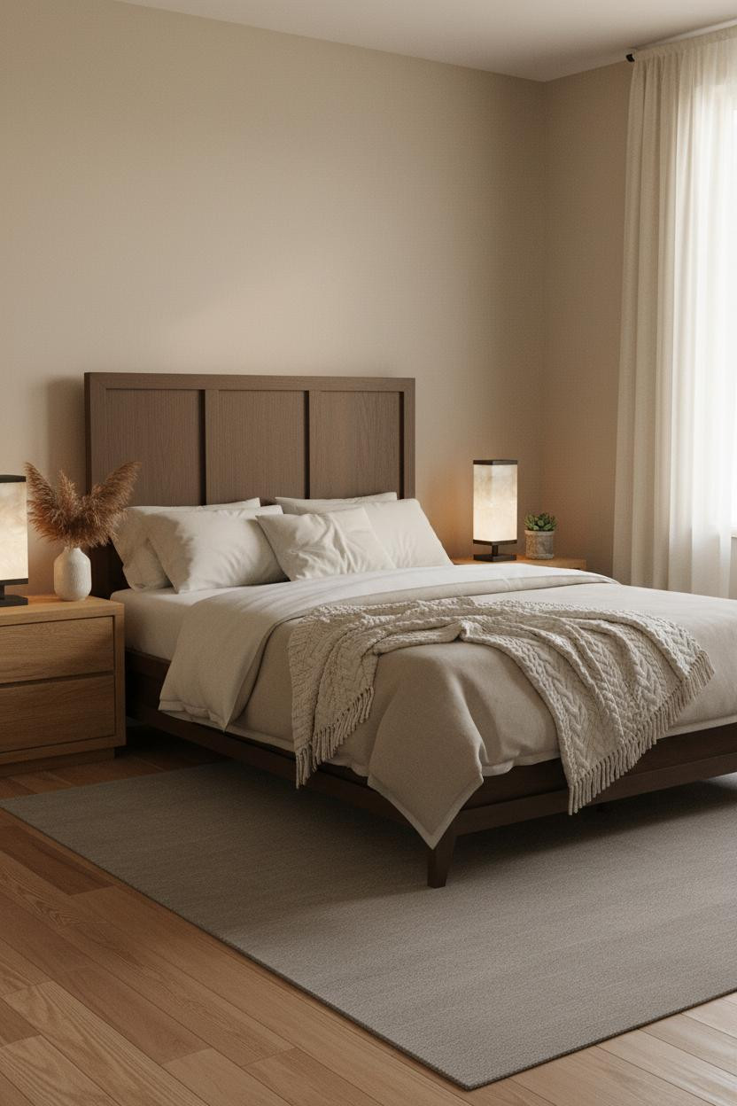 Bright master bedroom with neutral bedding, modern wood bed frame, soft brass bedside lamp, warm natural light from windows, clean minimalist decor for couples.