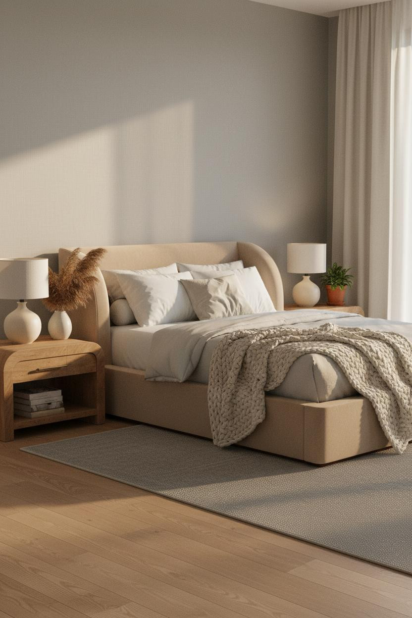Bright master bedroom with neutral bedding, warm wood bed frame, soft brass bedside lamp, and clean minimalist decor designed for couples sharing a calm, airy sleeping space.
