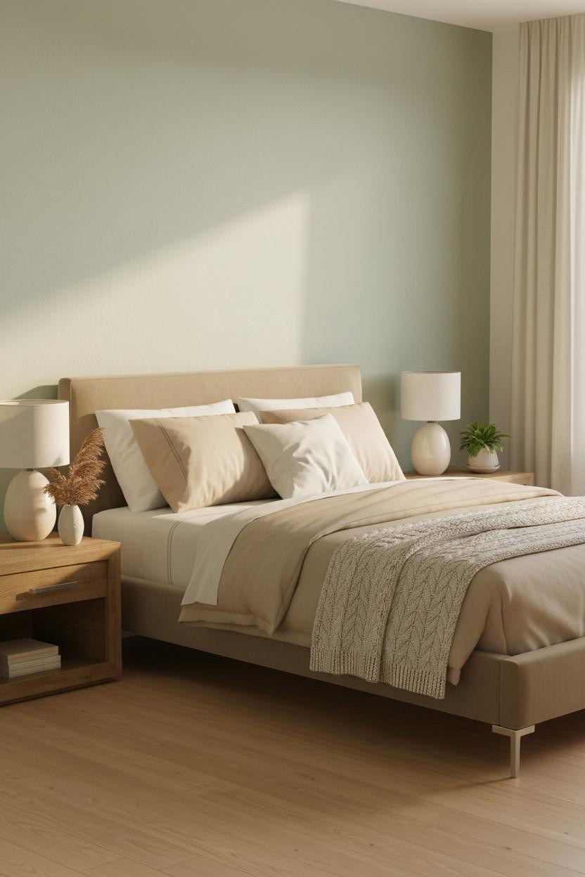 Bright master bedroom with neutral bedding, modern bed frame, soft brass bedside lamp, and warm natural light from windows creating a calm, inviting space for couples.