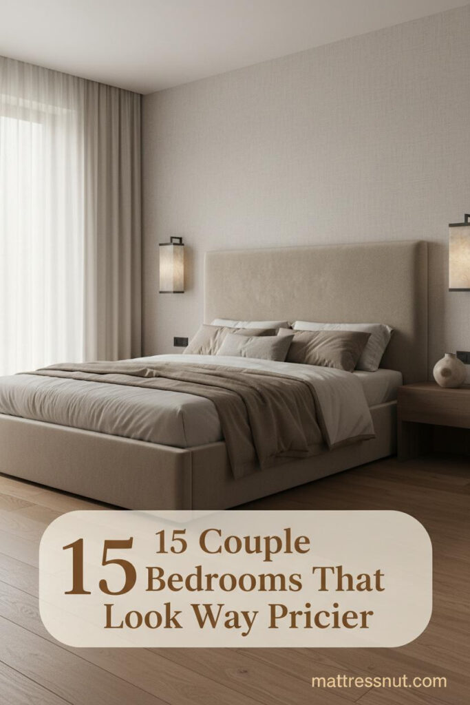 Warm greige master bedroom with linen bedding, honey-oak floors, bilateral sconces, sheer curtains, and a ceramic nightstand accent