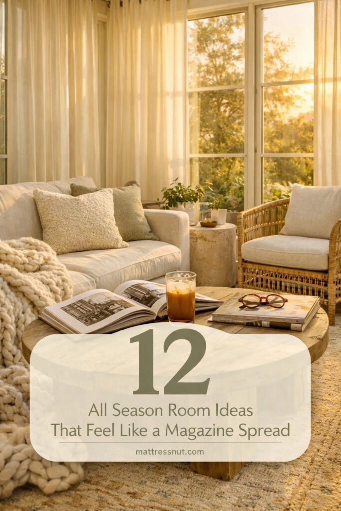 Versatile sunroom with neutral furniture, large windows, cozy throws, and plants that transitions beautifully through all four seasons
