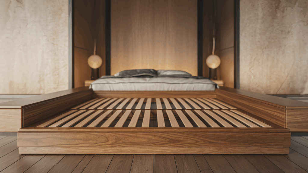 Modern platform bed frame with slatted base and mattress in minimalist bedroom