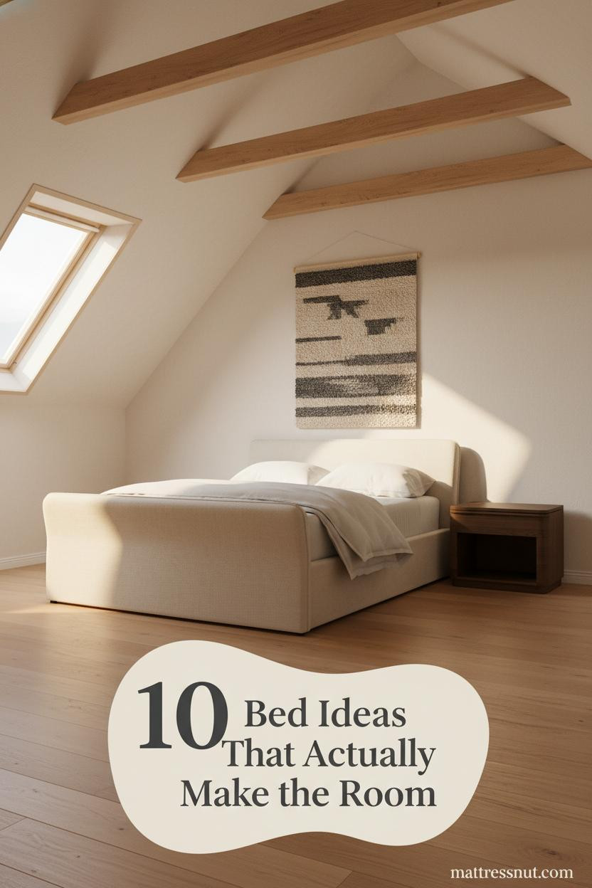 Attic bedroom with pitched timber ceiling, ivory linen bedding, woven wall hanging, oak floors, and warm dormer afternoon light