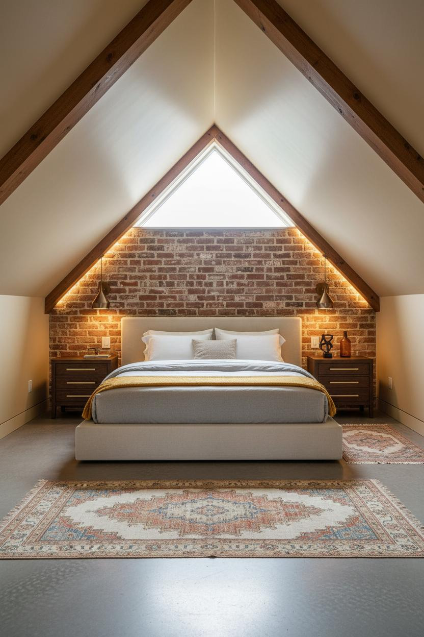 Attic Bedroom Angled Ceiling Brick MCM