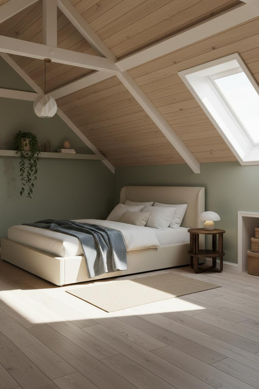 Attic Bedroom Angled Ceiling Dormer Japandi