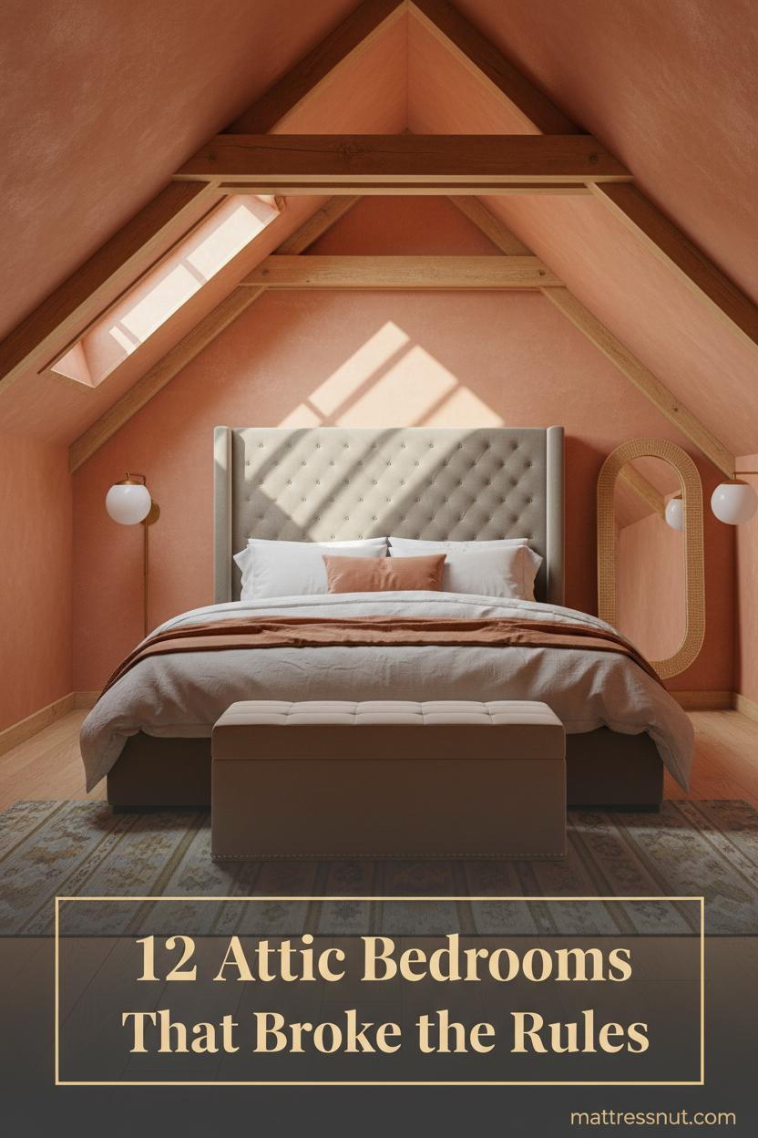 Sloped attic bedroom with honey timber rafters, terracotta limewash walls, oatmeal linen bedding, rust throw, and warm dormer lighting