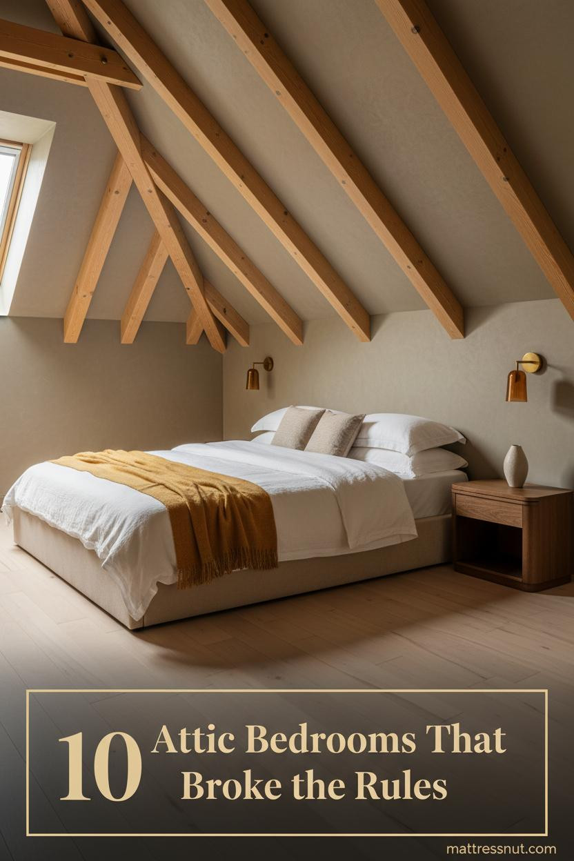 Cozy attic bedroom with honey-toned exposed timber beams, greige limewash walls, ivory linen bedding, mustard throw, and amber wall sconce glow