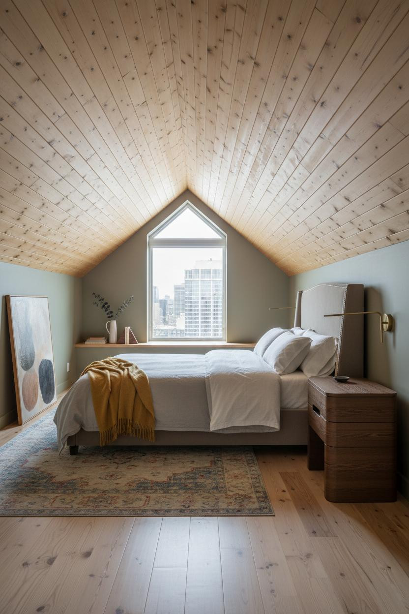 Attic Bedroom Slanted Ceiling Wood Design