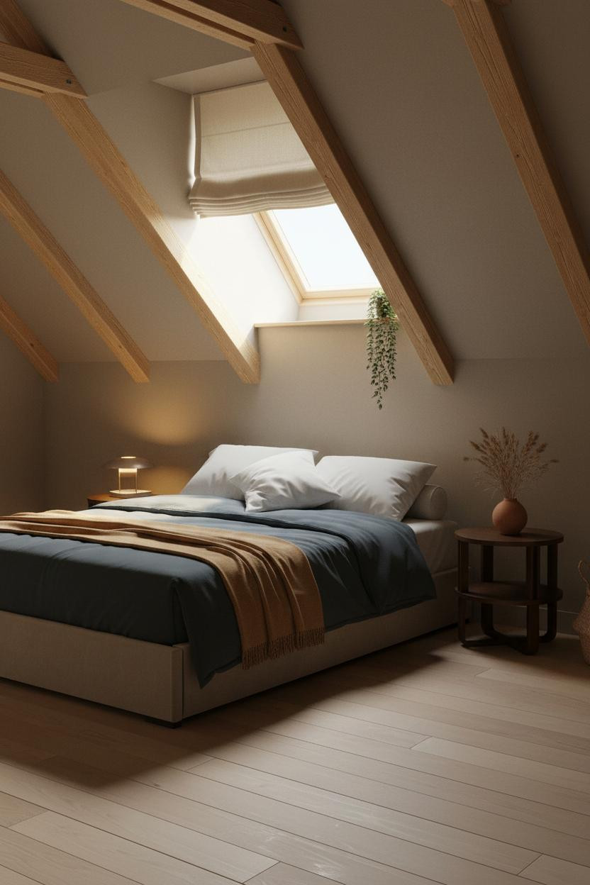 Attic Bedroom Sloped Ceiling Warm Beams