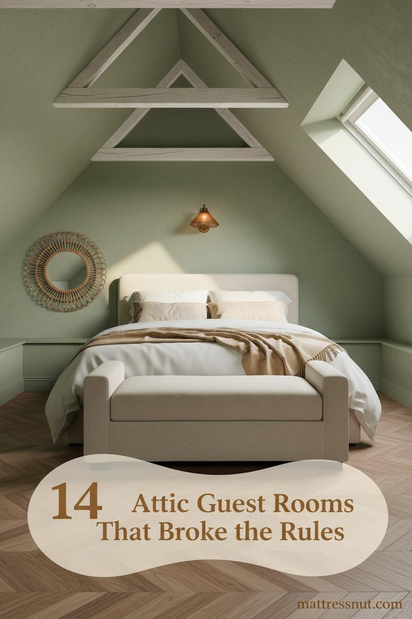 Cozy attic guest room with sage limewash walls, whitewashed timber beams, honey herringbone floor, cream bedding and rattan mirror accent