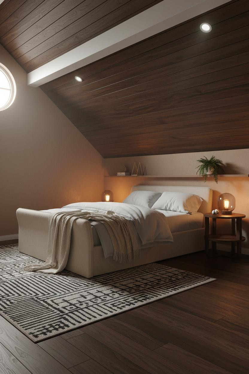 Attic Loft Bedroom MCM Walnut Sloped Ceiling