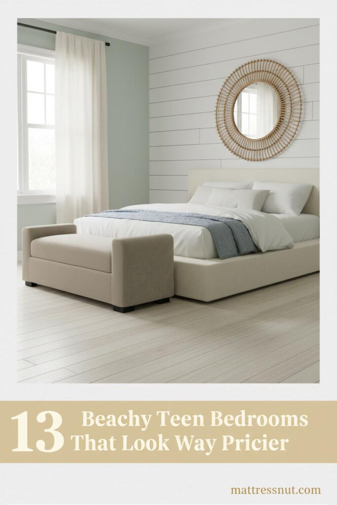 Coastal teen bedroom with whitewashed shiplap, cream linen bedding, muted blue throw, rattan mirror, and bleached pine floors in soft afternoon light