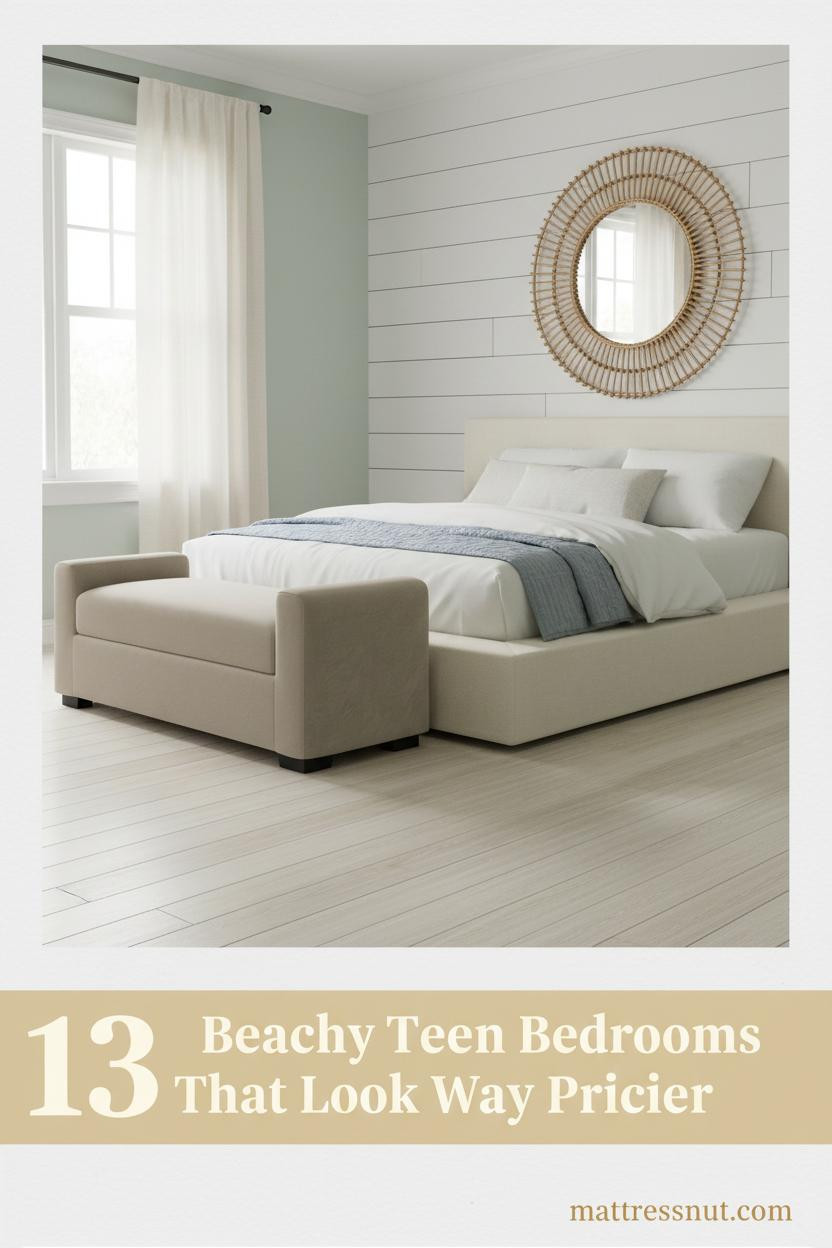 Coastal teen bedroom with whitewashed shiplap, cream linen bedding, muted blue throw, rattan mirror, and bleached pine floors in soft afternoon light