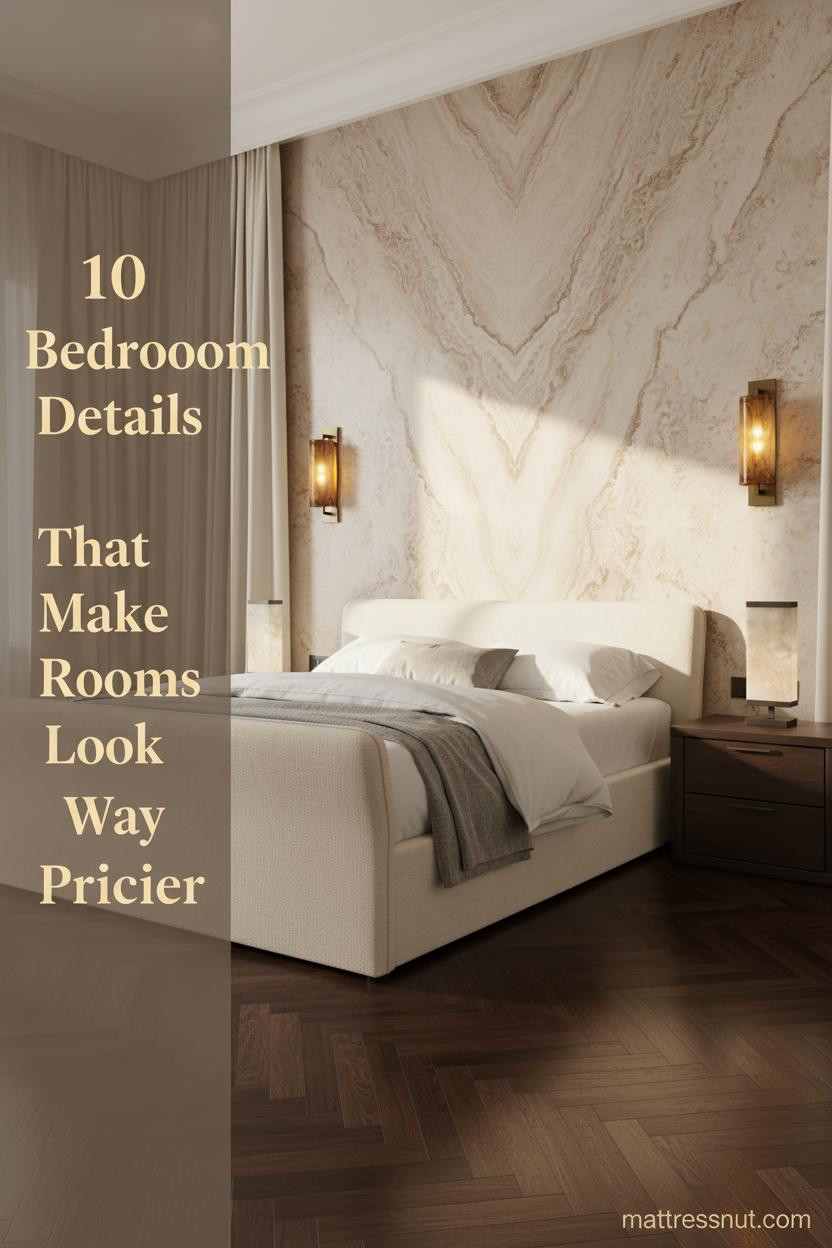Luxury master bedroom with ivory boucle bedding, travertine accent wall, dark walnut herringbone floor, brass lamp, and silk curtains
