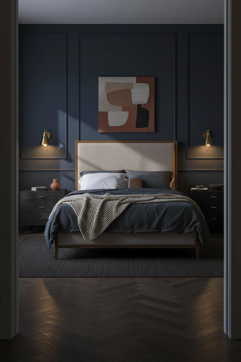 bedroom-couple-pictures-navy-paneled-wall.jpg