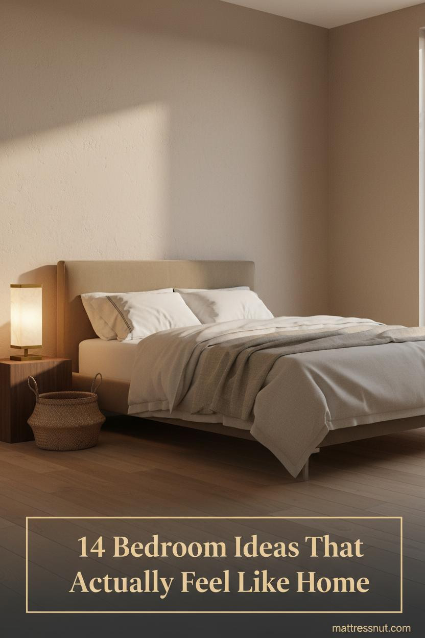 Warm taupe plaster bedroom with cream linen bedding, honey oak floors, brass lamp casting amber glow, romantic couple bedroom aesthetic