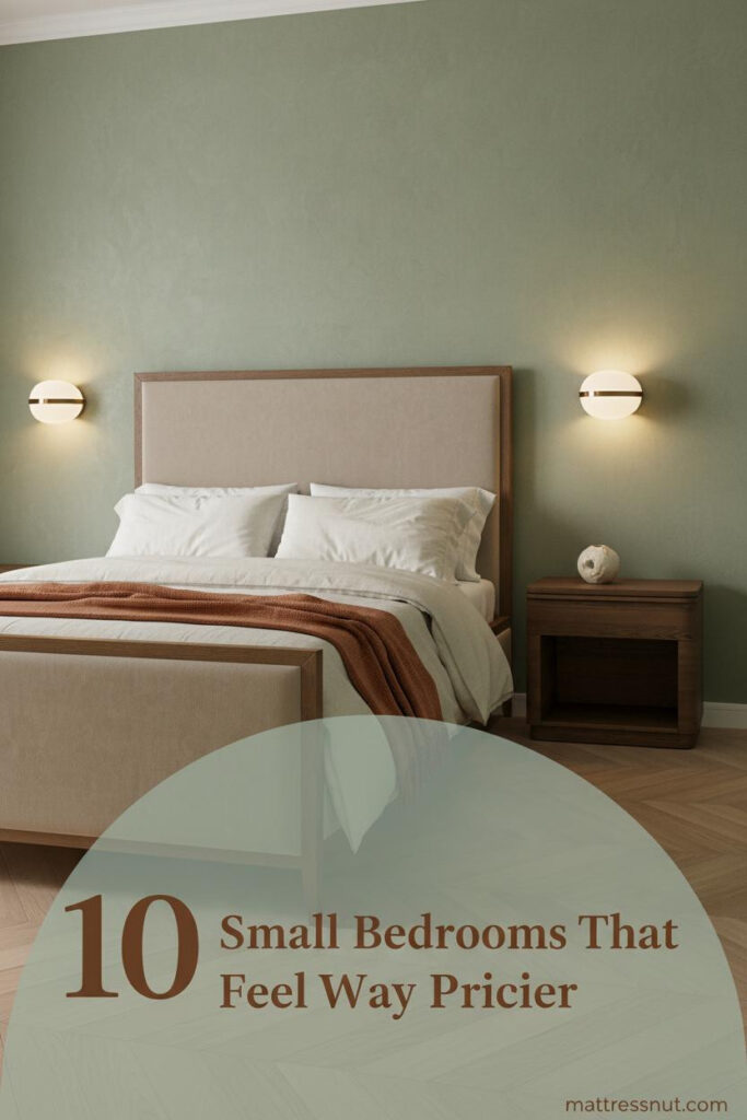 Compact sage limewash bedroom with ash herringbone floors, ivory linen bedding, rust throw, warm sconce glow, and ceramic nightstand decor