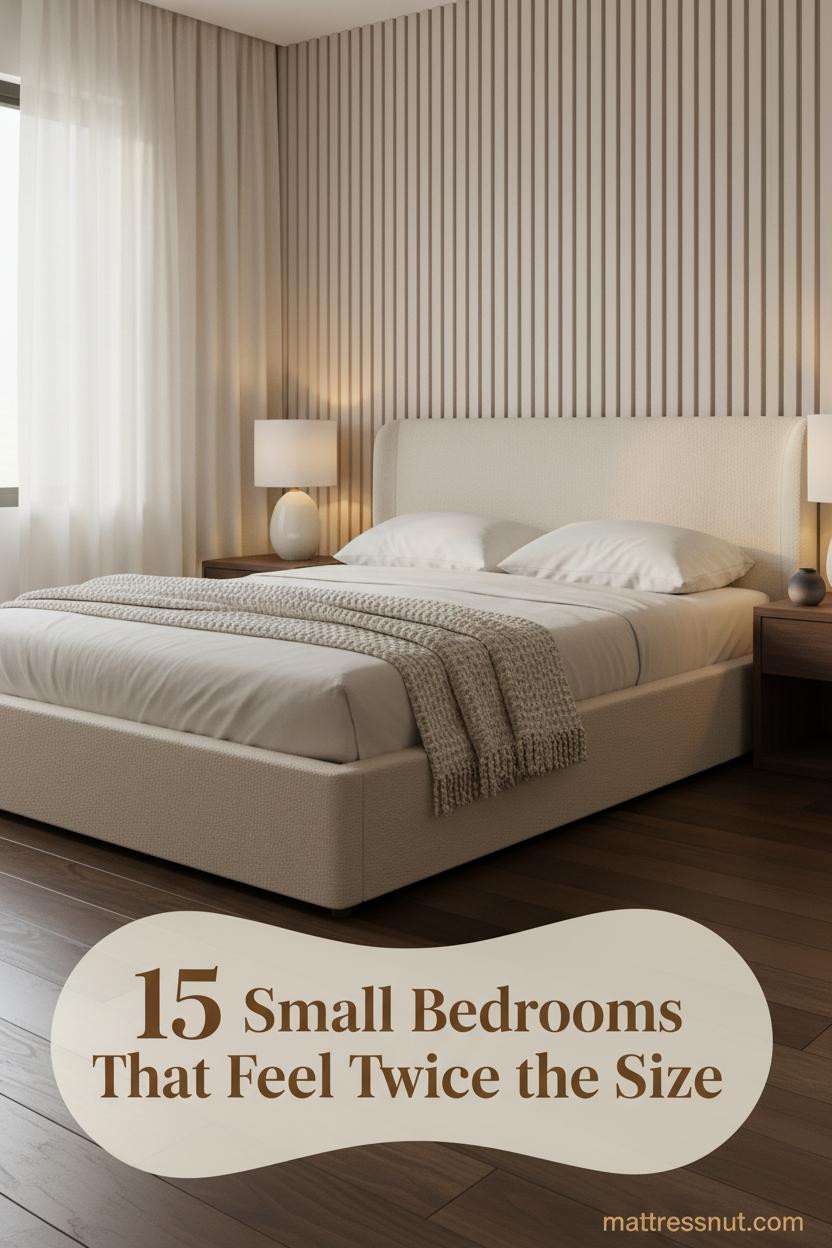 Small bedroom with pale ash slatted wall panel, dark walnut floors, oatmeal linen bedding, chunky cream throw, and warm amber bedside lamp light