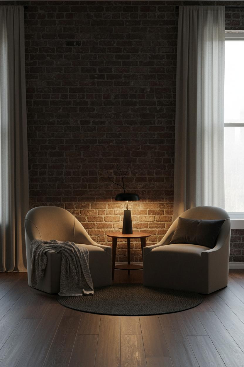 Bright bedroom sitting area with two upholstered chairs and a cushioned bench arranged in a cozy corner, natural window light, neutral tones, clean modern design.