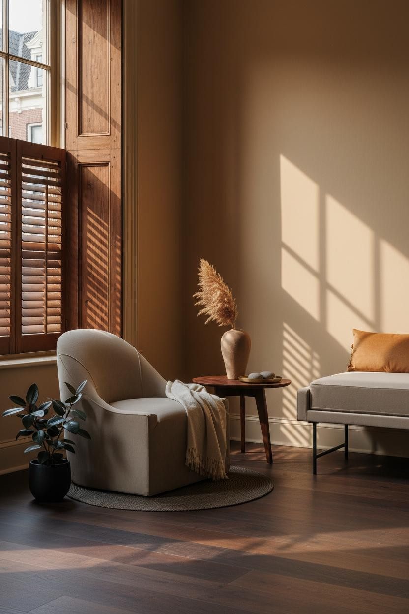 Bright bedroom sitting area with two cream upholstered armchairs and a cushioned bench arranged in a cozy lounge corner, natural window light, neutral palette, clean modern design.