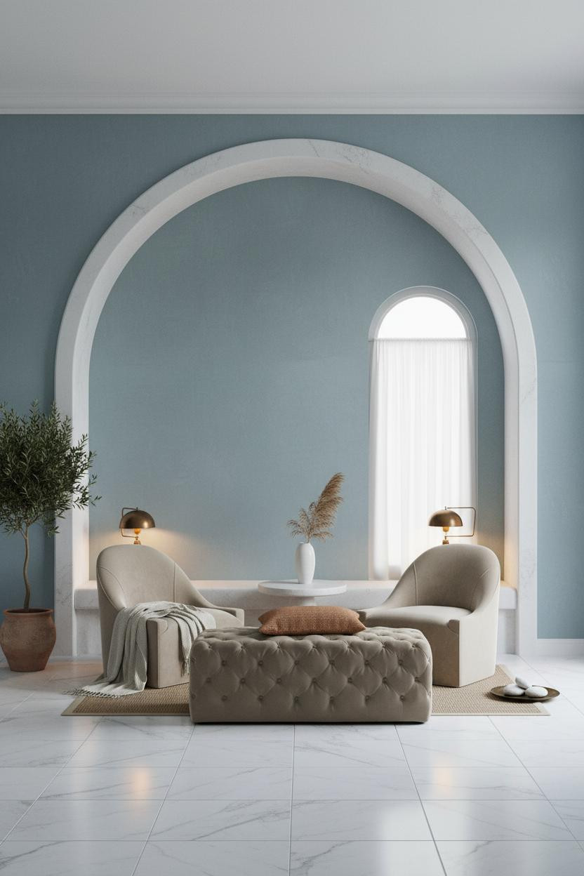 Bright bedroom sitting area with two upholstered chairs and a tufted ottoman arranged in a cozy corner, natural window light, neutral palette, clean modern design.
