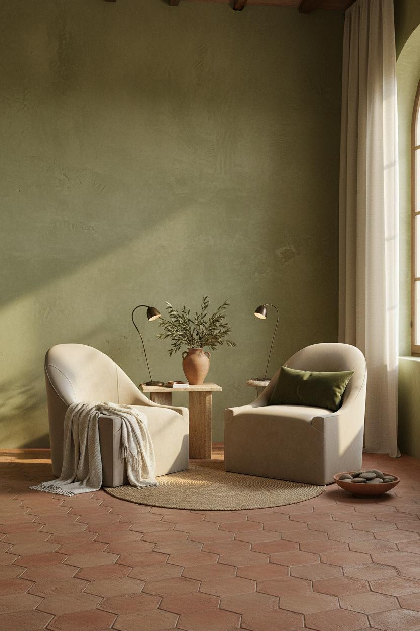 Bright bedroom sitting area with two upholstered chairs and a storage bench in neutral tones, natural window light, clean modern design, calm master suite seating corner.