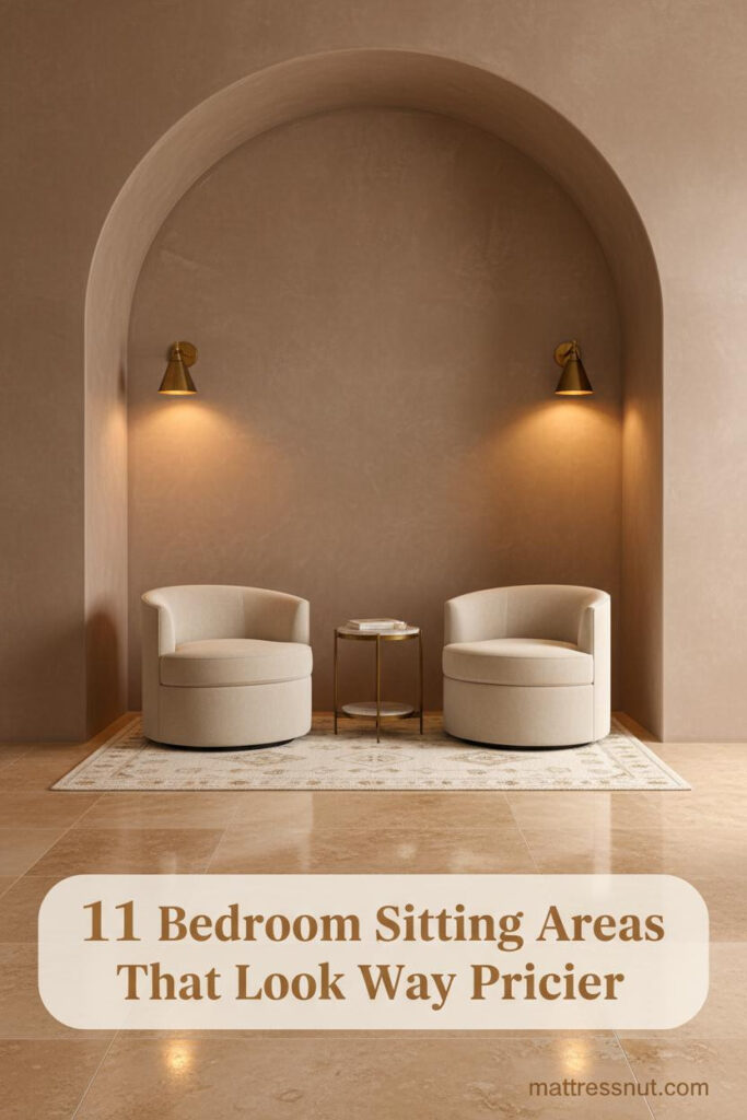 Taupe limewash arch bedroom sitting alcove with two cream swivel chairs, brass side table, wool rug, and warm amber sconce lighting