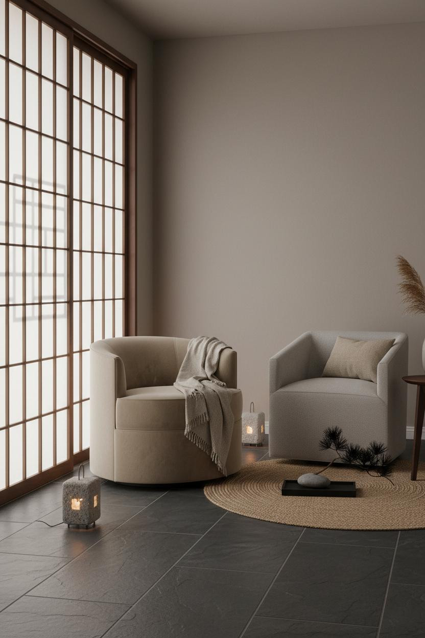 Bright bedroom sitting area with two cream swivel chairs facing each other, soft natural light from windows, light wood flooring, neutral bedding, and calm minimalist decor in a spacious master suite.